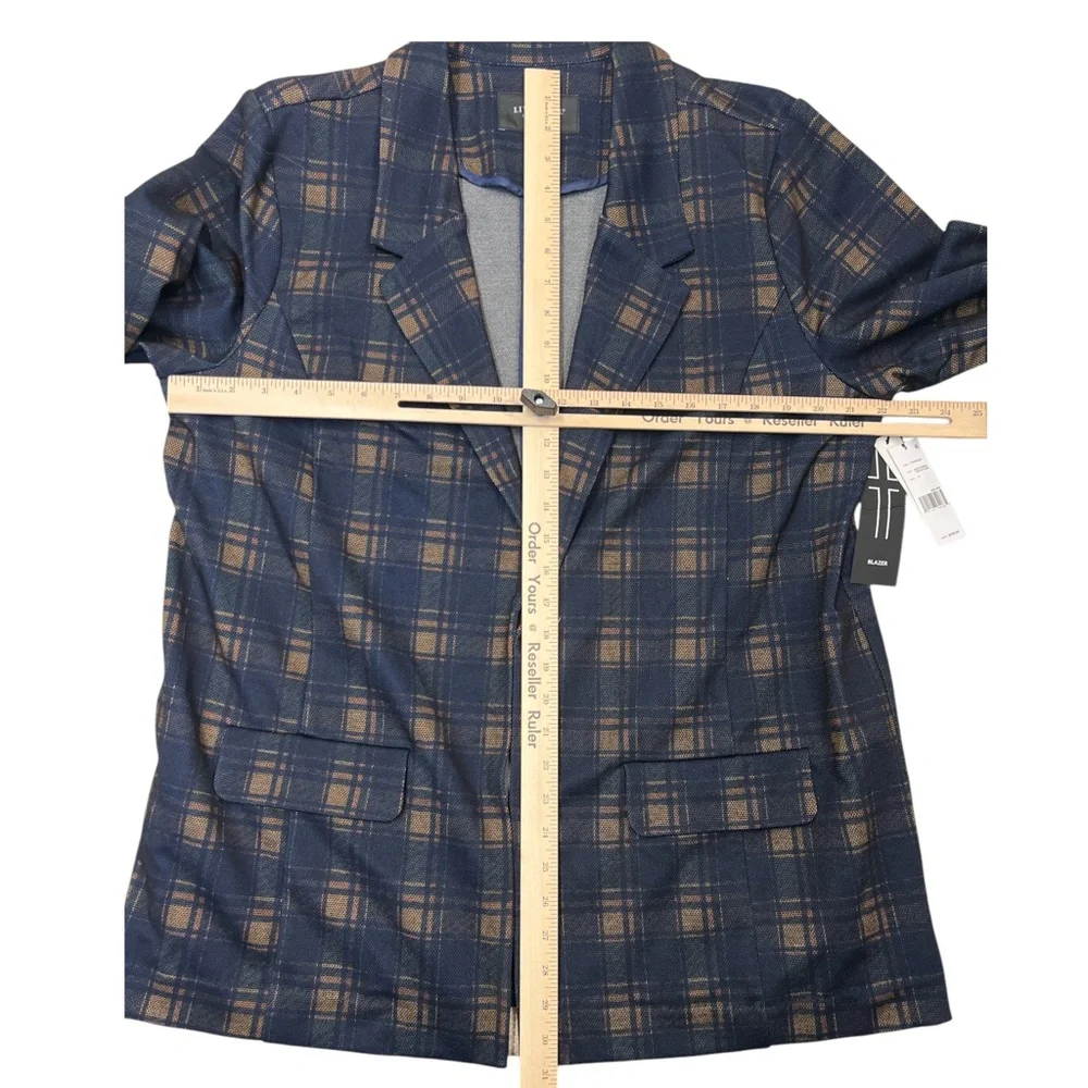 Liverpool Blazer Women 1X Navy Brown Tartan Plaid Relaxed Boyfriend Flap Pockets